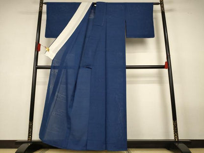平和屋着物＊夏物　色無地　縦絽　流水紋紗　紺色　正絹　逸品　AABL5162jd