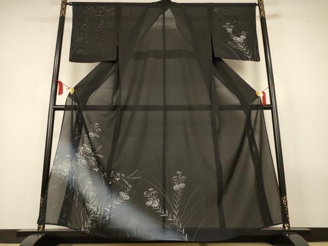 平和屋着物＊夏物　訪問着　絽　手描き　草花文　暈し染め　黒地　正絹　逸品　AABL5169jd