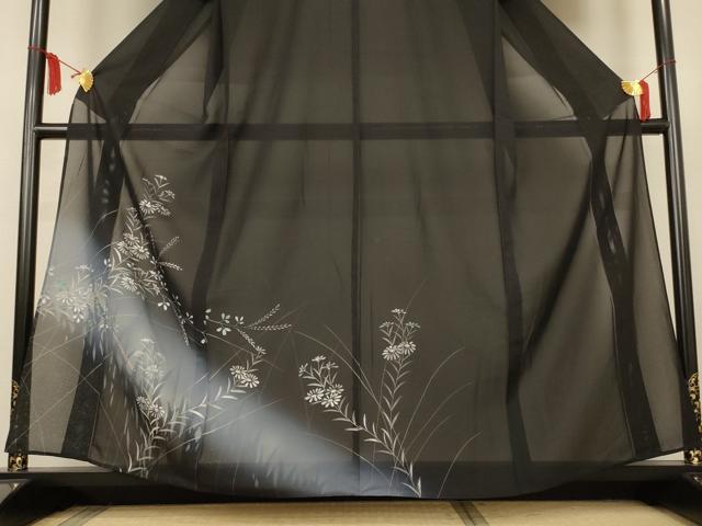 平和屋着物＊夏物　訪問着　絽　手描き　草花文　暈し染め　黒地　正絹　逸品　AABL5169jd
