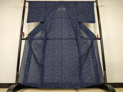 平和屋着物＊夏物　小紋　絽　藍　型染め　花蝶文　正絹　逸品　AABL5170jd