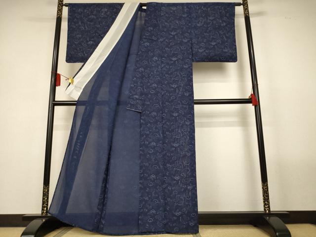 平和屋着物＊夏物　小紋　絽　藍　型染め　花蝶文　正絹　逸品　AABL5170jd