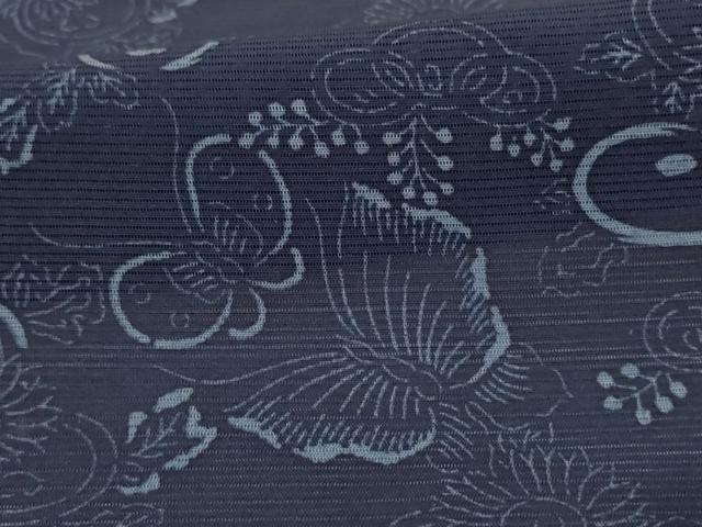 平和屋着物＊夏物　小紋　絽　藍　型染め　花蝶文　正絹　逸品　AABL5170jd