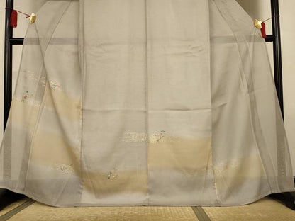 平和屋着物＊夏物　訪問着　絽　刺繍　横段花文　暈し染め　金彩　正絹　逸品　AABL5174jd