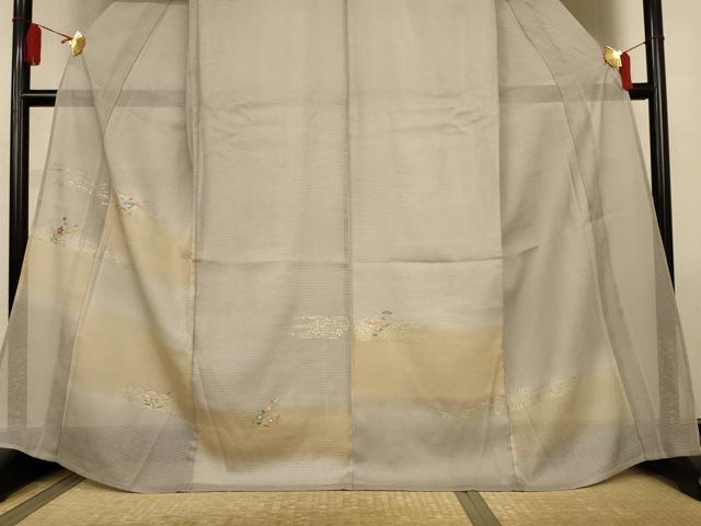 平和屋着物＊夏物　訪問着　絽　刺繍　横段花文　暈し染め　金彩　正絹　逸品　AABL5174jd