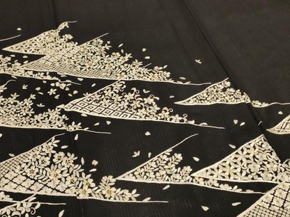 平和屋着物＊夏物　訪問着　縦絽　総刺繍　舞花文　黒地　金糸　正絹　逸品　AABL5184jd