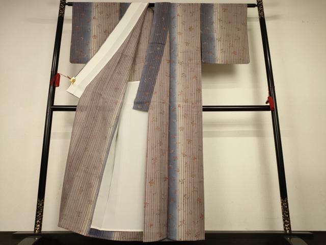 平和屋着物＊夏物　小紋　生紬　縞紋紗　舞花文　正絹　逸品　AABL5196jd