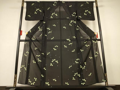 平和屋着物＊夏物　小紋　絽　絞り　舞葉文　黒地　正絹　逸品　AABL5222jd