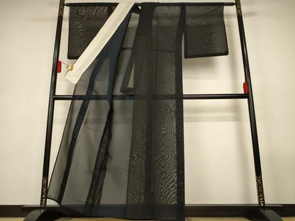 平和屋着物＊夏物　小紋　紗　風景文　黒地　正絹　逸品　AABL5236jd
