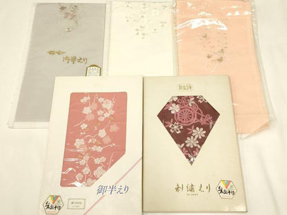 平和屋着物▼和装小物　半衿　まとめて5点　刺繍　花柄　花車　金糸　正絹　逸品　AABL5352ay