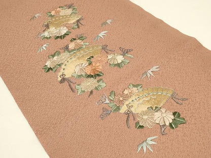 平和屋着物▼中国三大刺繍　蘇州刺繍　和装小物　半衿2点　総刺繍　片輪車花文　檜扇花文　金糸　正絹　逸品　未使用　AABL5355ay