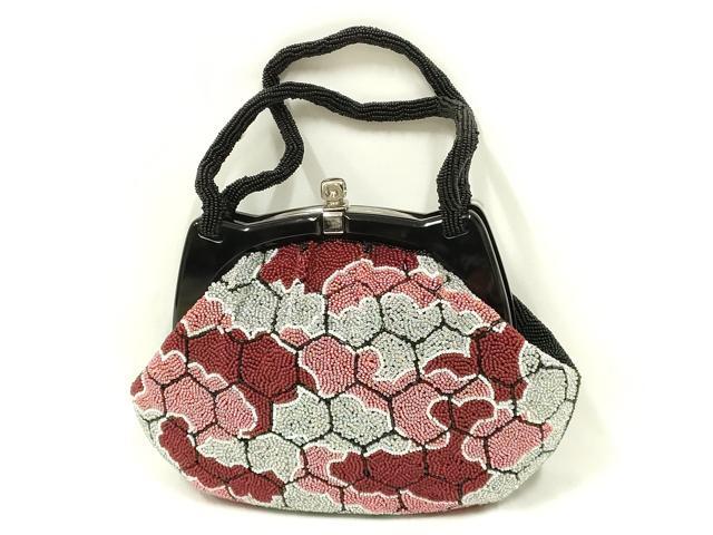 平和屋着物●和装小物　和装バッグ　ハンドバッグ　ビーズバッグ　亀甲繋ぎ　霞文　みよしや扱い　逸品　AABL5381ay