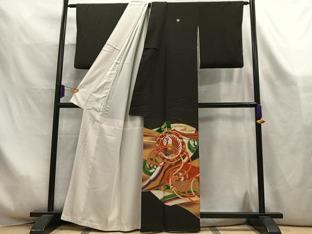 平和屋着物■豪華黒留袖　駒刺繍　鳳凰鏡裏文　暈し染め　金彩　正絹　逸品　AABL5401oa