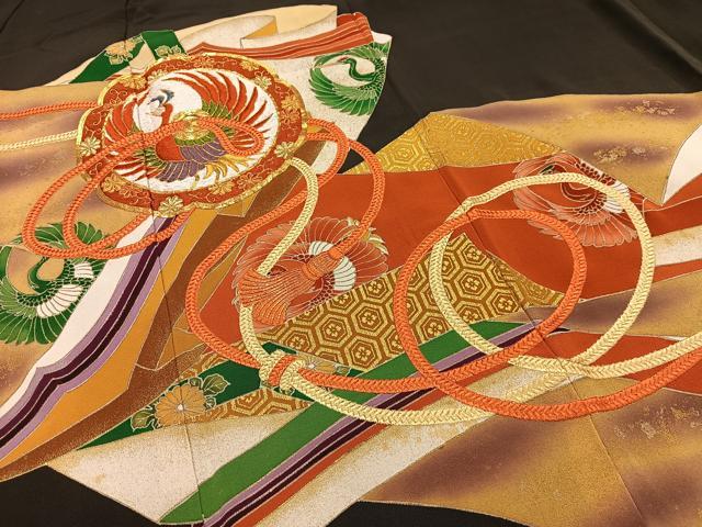 平和屋着物■豪華黒留袖　駒刺繍　鳳凰鏡裏文　暈し染め　金彩　正絹　逸品　AABL5401oa