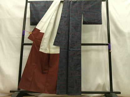 平和屋着物■上質な紬　幾何学文様　正絹　逸品　AABL5417oa