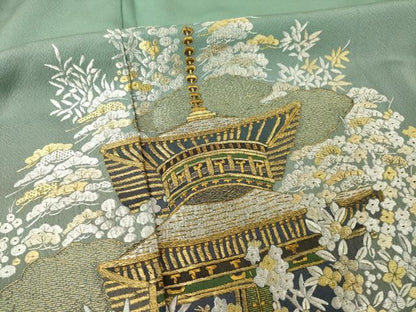 平和屋着物●豪華色留袖　総刺繍　蘇州刺繍　風景文　金糸　正絹　逸品　AABL5451ck