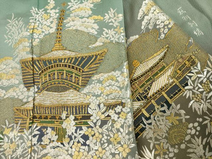 平和屋着物●豪華色留袖　総刺繍　蘇州刺繍　風景文　金糸　正絹　逸品　AABL5451ck