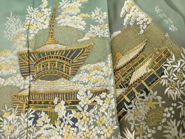 平和屋着物●豪華色留袖　総刺繍　蘇州刺繍　風景文　金糸　正絹　逸品　AABL5451ck