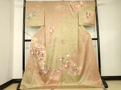 平和屋着物●訪問着　扇面花文　ロング丈　正絹　逸品　AABL5453ck