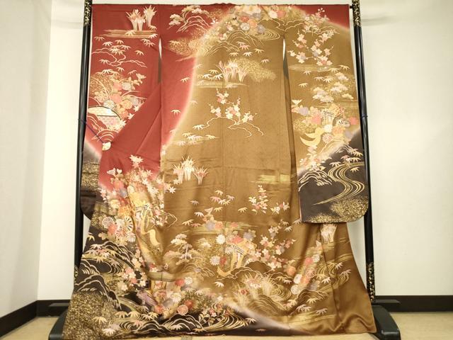 平和屋着物●豪華振袖　駒刺繍　御所車花文　暈し染め　金彩　ロング丈　正絹　逸品　AABL5455ck
