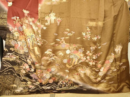 平和屋着物●豪華振袖　駒刺繍　御所車花文　暈し染め　金彩　ロング丈　正絹　逸品　AABL5455ck