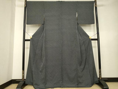 平和屋着物●上質な小紋　格子　黒地　正絹　逸品　AABL5457ck