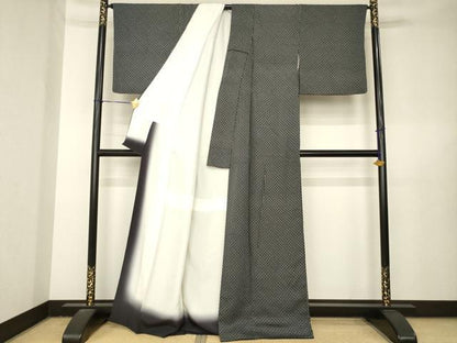 平和屋着物●上質な小紋　格子　黒地　正絹　逸品　AABL5457ck