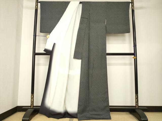 平和屋着物●上質な小紋　格子　黒地　正絹　逸品　AABL5457ck