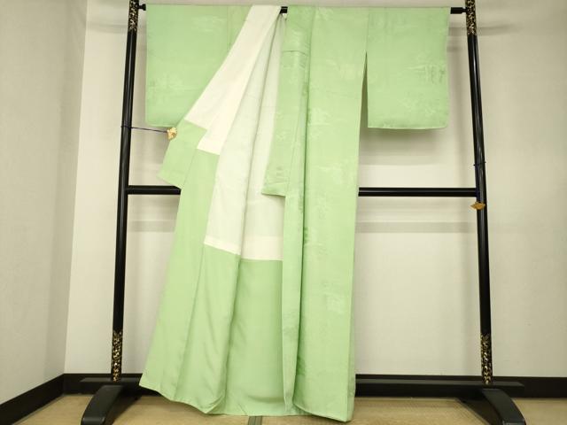 平和屋着物●上質な色無地　風景地紋　山葵色　正絹　逸品　AABL5460ck