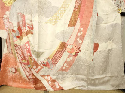 平和屋着物●創業460年・千總　振袖　絞り　駒刺繍　舞蝶文　正絹　逸品　AABL5467ck