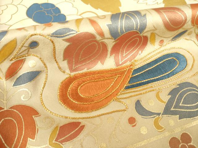 平和屋着物●豪華振袖　駒刺繍　花鳥唐草文　金彩　正絹　逸品　AABL5471ck