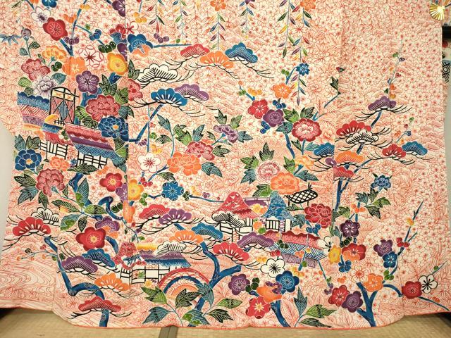 平和屋着物●豪華振袖　紅型　風景花文　正絹　逸品　AABL5472ck