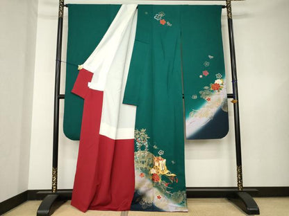 平和屋着物●豪華振袖　駒刺繍　御所車花文　金彩　正絹　逸品　AABL5473ck