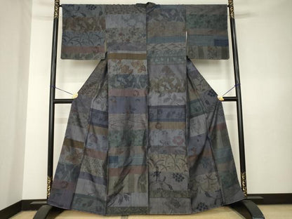 平和屋着物●上質な紬　横段花文　百柄　正絹　逸品　AABL5476ck