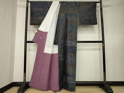 平和屋着物●上質な紬　横段花文　百柄　正絹　逸品　AABL5476ck