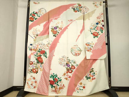 平和屋着物●豪華振袖　駒刺繍　草花文　金銀彩　正絹　逸品　AABL5488ck
