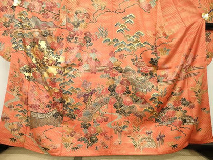 平和屋着物●豪華振袖　駒刺繍　風景花文　金彩　正絹　逸品　AABL5489ck