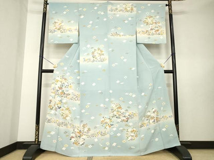 平和屋着物●名門・上野家　四代目 上野真(二代目 上野為二)　訪問着　刺繍　草花文　暈し染め　金糸　正絹　逸品　未使用　AABL5494ck