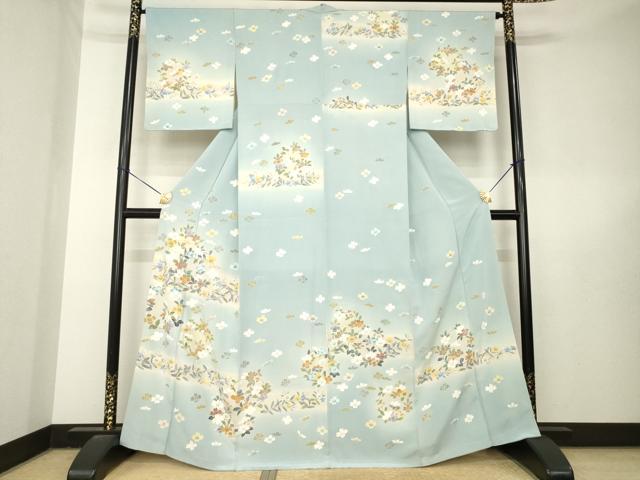 平和屋着物●名門・上野家　四代目 上野真(二代目 上野為二)　訪問着　刺繍　草花文　暈し染め　金糸　正絹　逸品　未使用　AABL5494ck