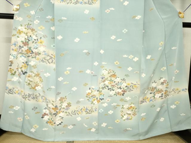 平和屋着物●名門・上野家　四代目 上野真(二代目 上野為二)　訪問着　刺繍　草花文　暈し染め　金糸　正絹　逸品　未使用　AABL5494ck