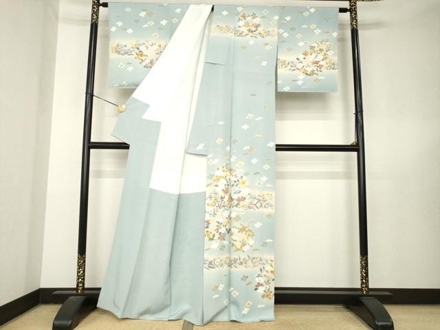 平和屋着物●名門・上野家　四代目 上野真(二代目 上野為二)　訪問着　刺繍　草花文　暈し染め　金糸　正絹　逸品　未使用　AABL5494ck