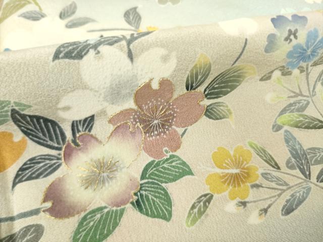 平和屋着物●名門・上野家　四代目 上野真(二代目 上野為二)　訪問着　刺繍　草花文　暈し染め　金糸　正絹　逸品　未使用　AABL5494ck