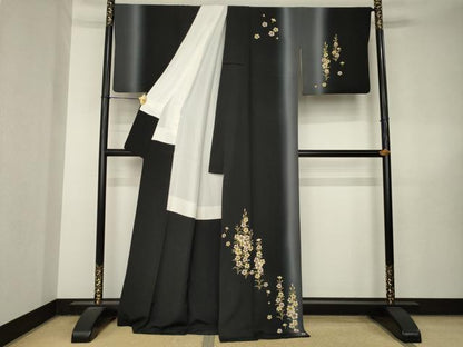 平和屋着物●訪問着　草花文　暈し染め　黒地　ロング丈　正絹　逸品　AABL5505ck