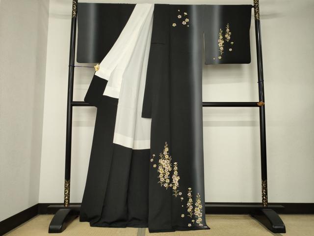 平和屋着物●訪問着　草花文　暈し染め　黒地　ロング丈　正絹　逸品　AABL5505ck