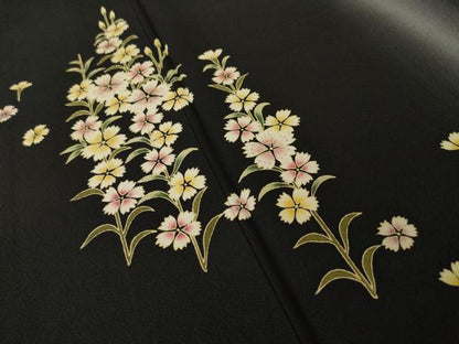 平和屋着物●訪問着　草花文　暈し染め　黒地　ロング丈　正絹　逸品　AABL5505ck