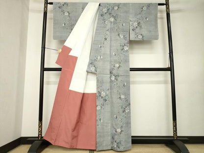 平和屋着物●小千谷紬　花蔦草文　反端付き　正絹　逸品　AABL5507ck