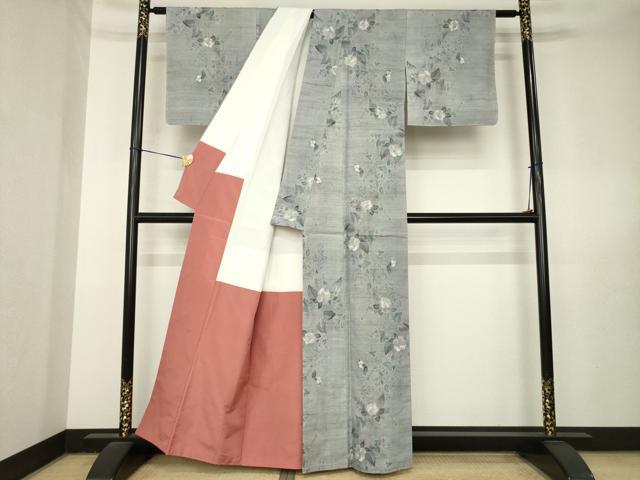 平和屋着物●小千谷紬　花蔦草文　反端付き　正絹　逸品　AABL5507ck