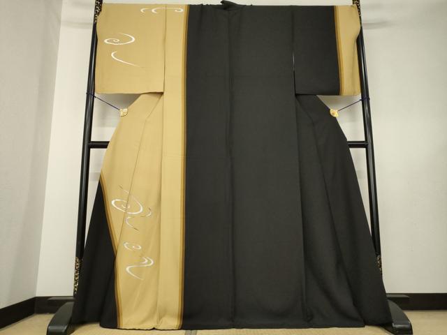 平和屋着物●訪問着　流水文　黒地　銀彩　ロング丈　正絹　逸品　AABL5508ck