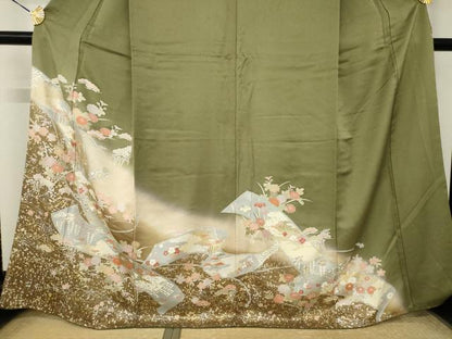 平和屋着物●豪華色留袖　駒刺繍　絵巻風景花文　暈し染め　金銀彩　正絹　逸品　AABL5523ck