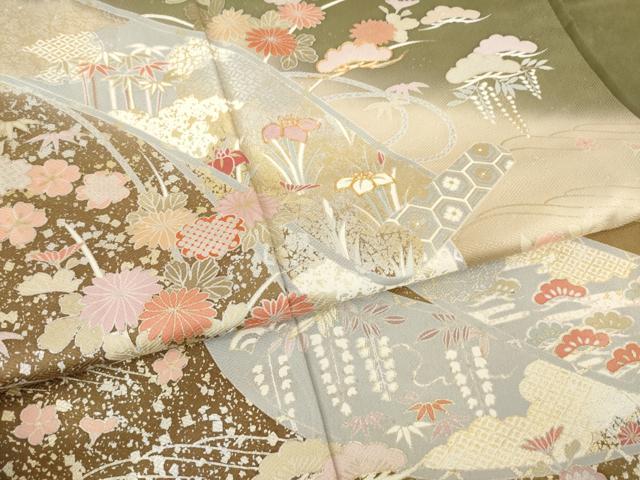 平和屋着物●豪華色留袖　駒刺繍　絵巻風景花文　暈し染め　金銀彩　正絹　逸品　AABL5523ck