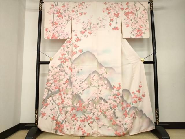 平和屋着物●近代日本画の巨匠　横山大観　じゅらく謹製　訪問着　遠山枝桜文　正絹　逸品　AABL5524ck